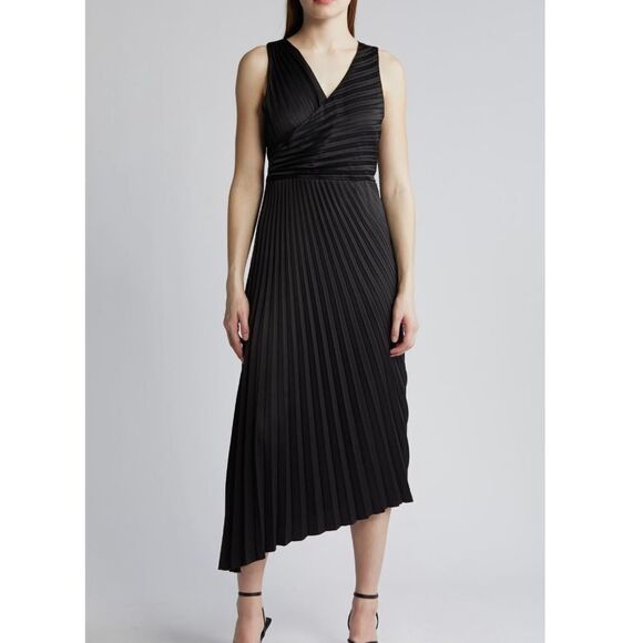 Sam Edelman‎ Pleated Asymmetric Hem Satin Dress, Classic Black, Size 10, NWT - Picture 2 of 6
